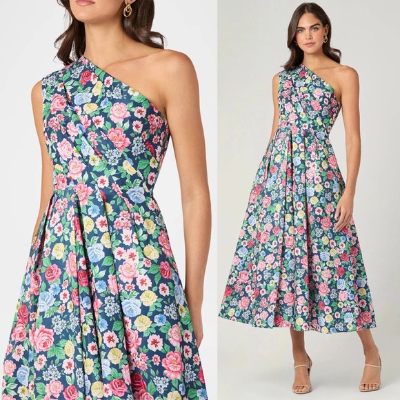 Shoshanna Dresses & Skirts - NWT Shoshanna Midnight Edina Floral Pleated One-Shoulder Midi-Dress Size 6